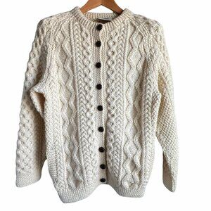 Irish Aran Wool Cardigan Sweater, LG Ivory Cable Knit, Made by Blarney Ireland